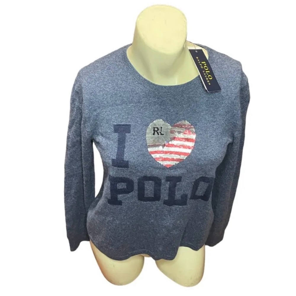 Polo RALPH LAUREN Girls XL 16 Sequin HEART FLAG Wool Sweater